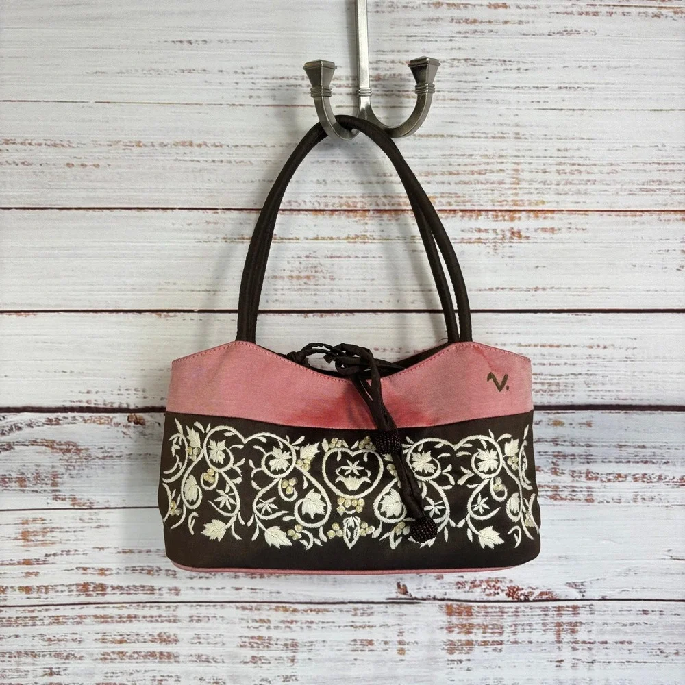 Vintage Shoulder Bag Claire V. Small Pink Brown 100% Silk Embroidered Beaded
